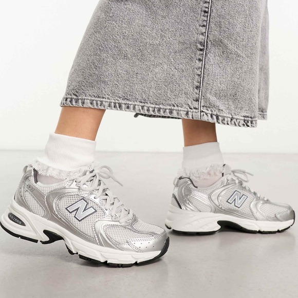New Balance Shoes - New Balance Silver Metallic Mesh Sneakers 530